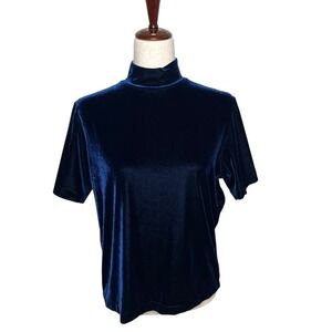 Vtg NY&CO Womens XL Blue Velvet Mock Neck Short Sleeve Top Blouse Whimsigoth 90s